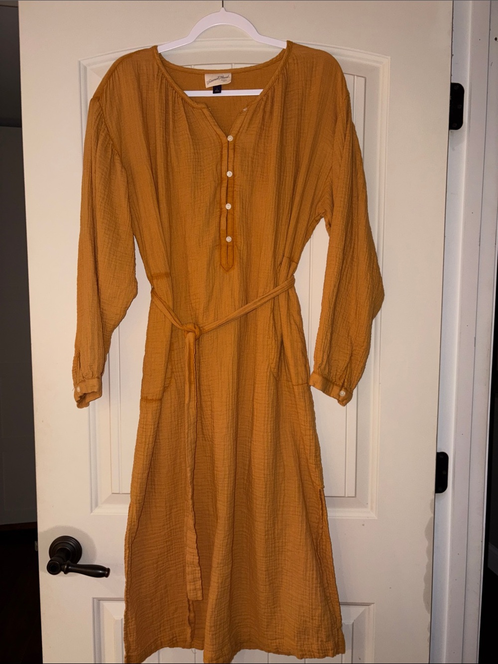 Universal Thread Mustard Button-Front Long-Sleeve Midi Dress with Waist Tie